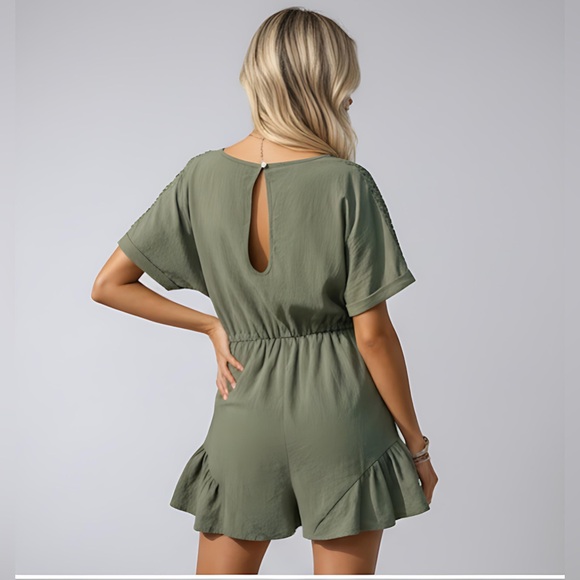 Khaki Drawstring Waist Ruffle Hem Romper - Picture 3 of 9